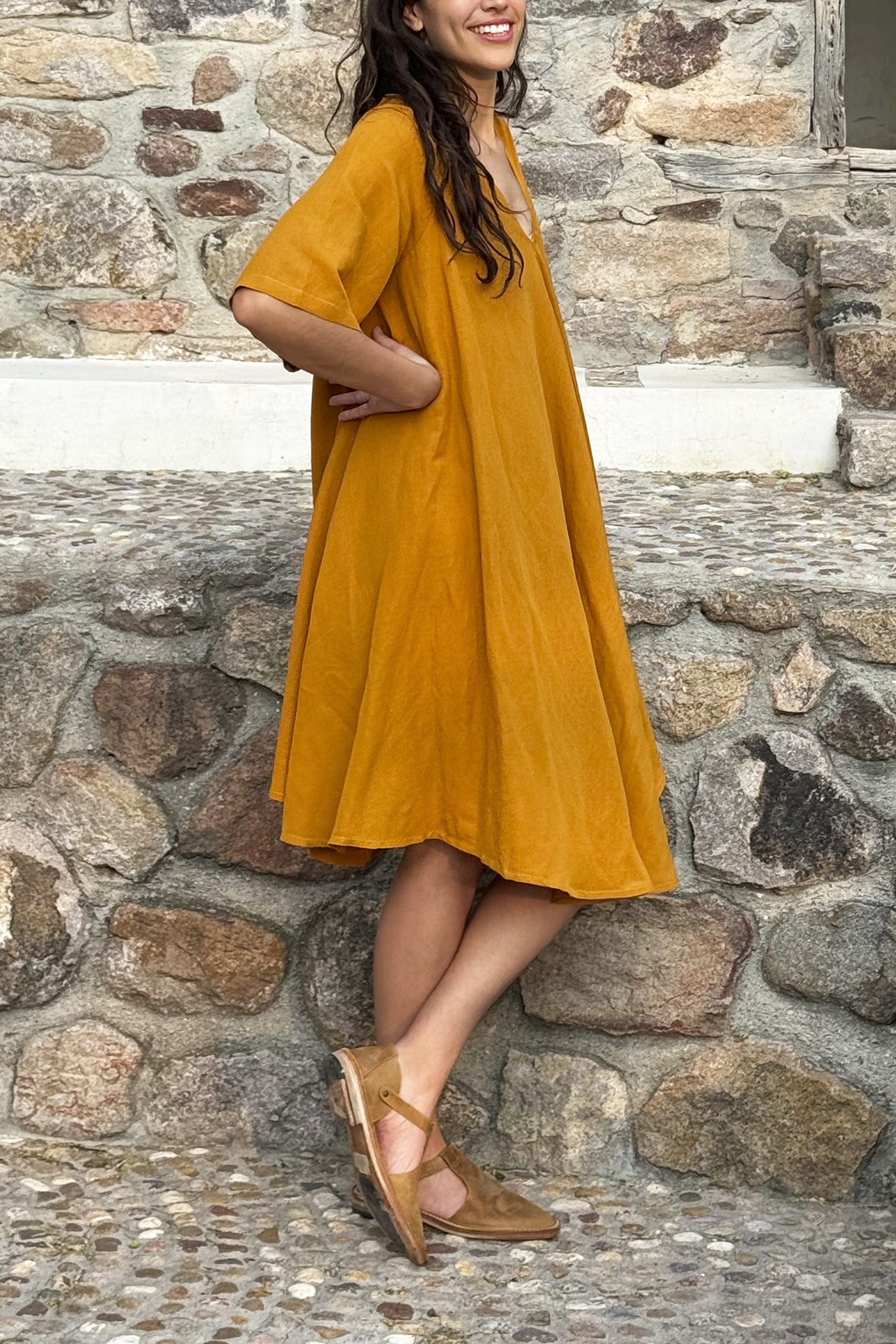 Juno Linen Blend Dress With Contrasting Panel