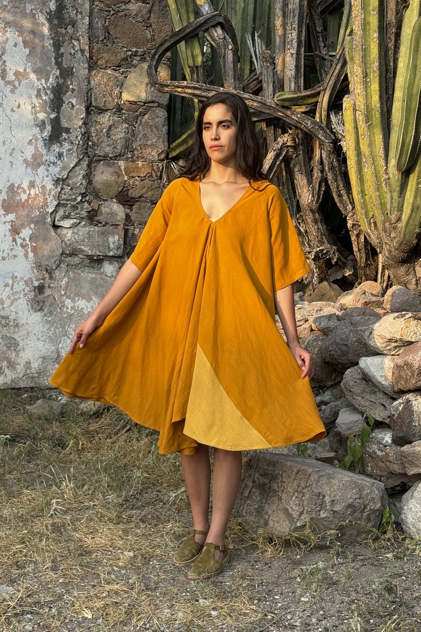Juno Linen Blend Dress With Contrasting Panel