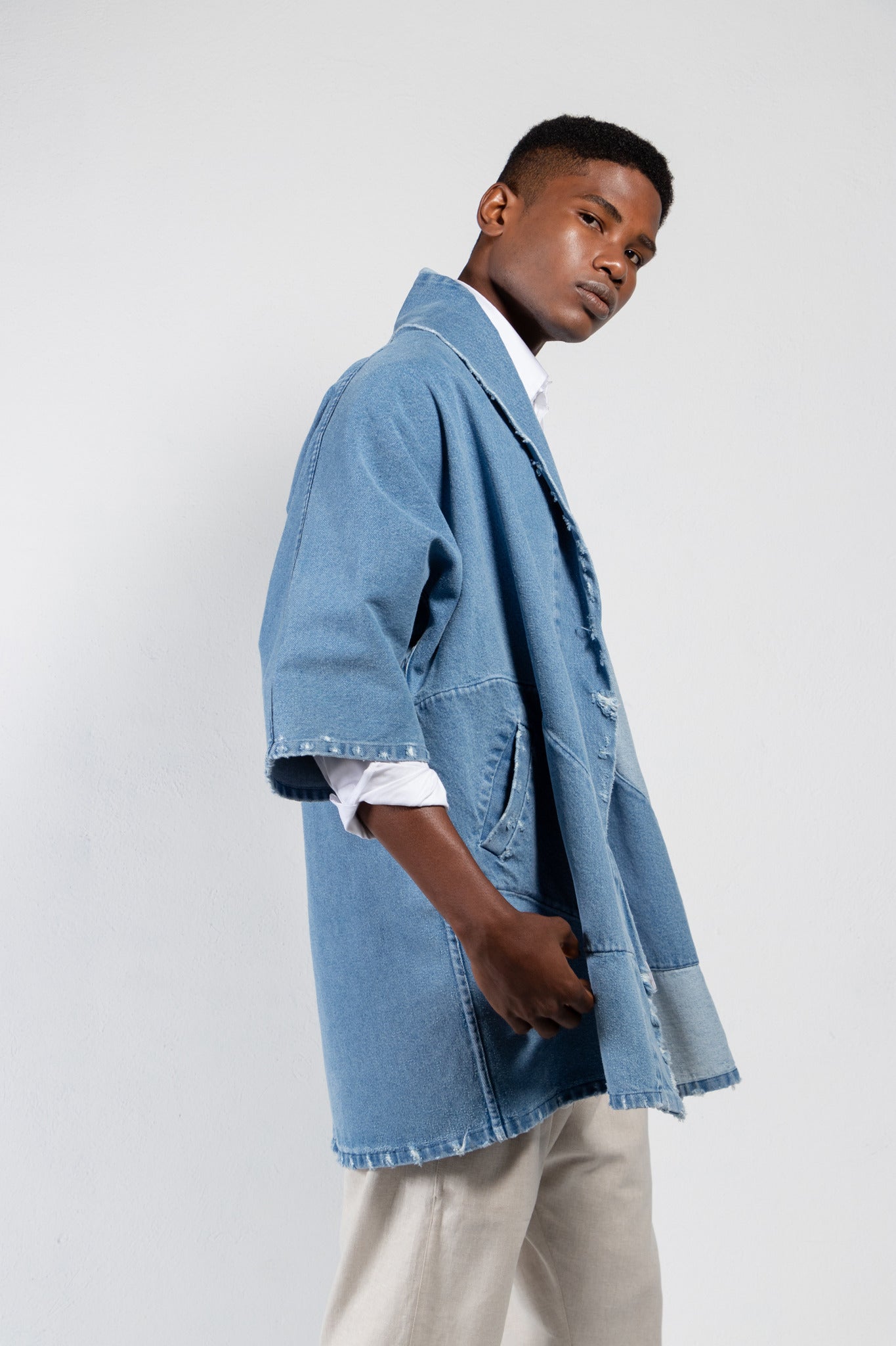 Pollux Distressed Denim Open Kimono Coat