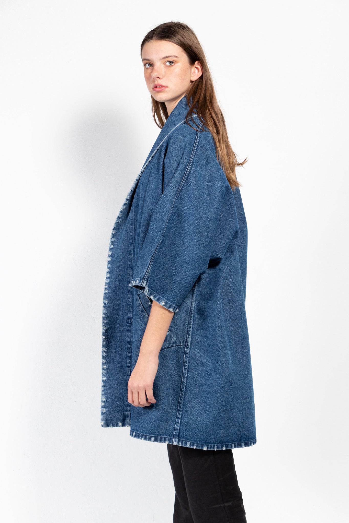 Pollux Distressed Denim Open Kimono Coat