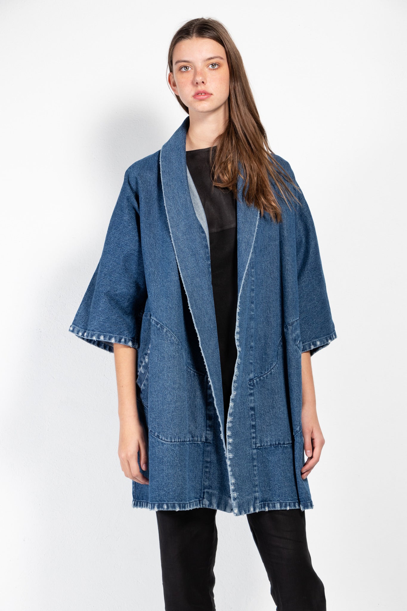 Pollux Distressed Denim Open Kimono Coat