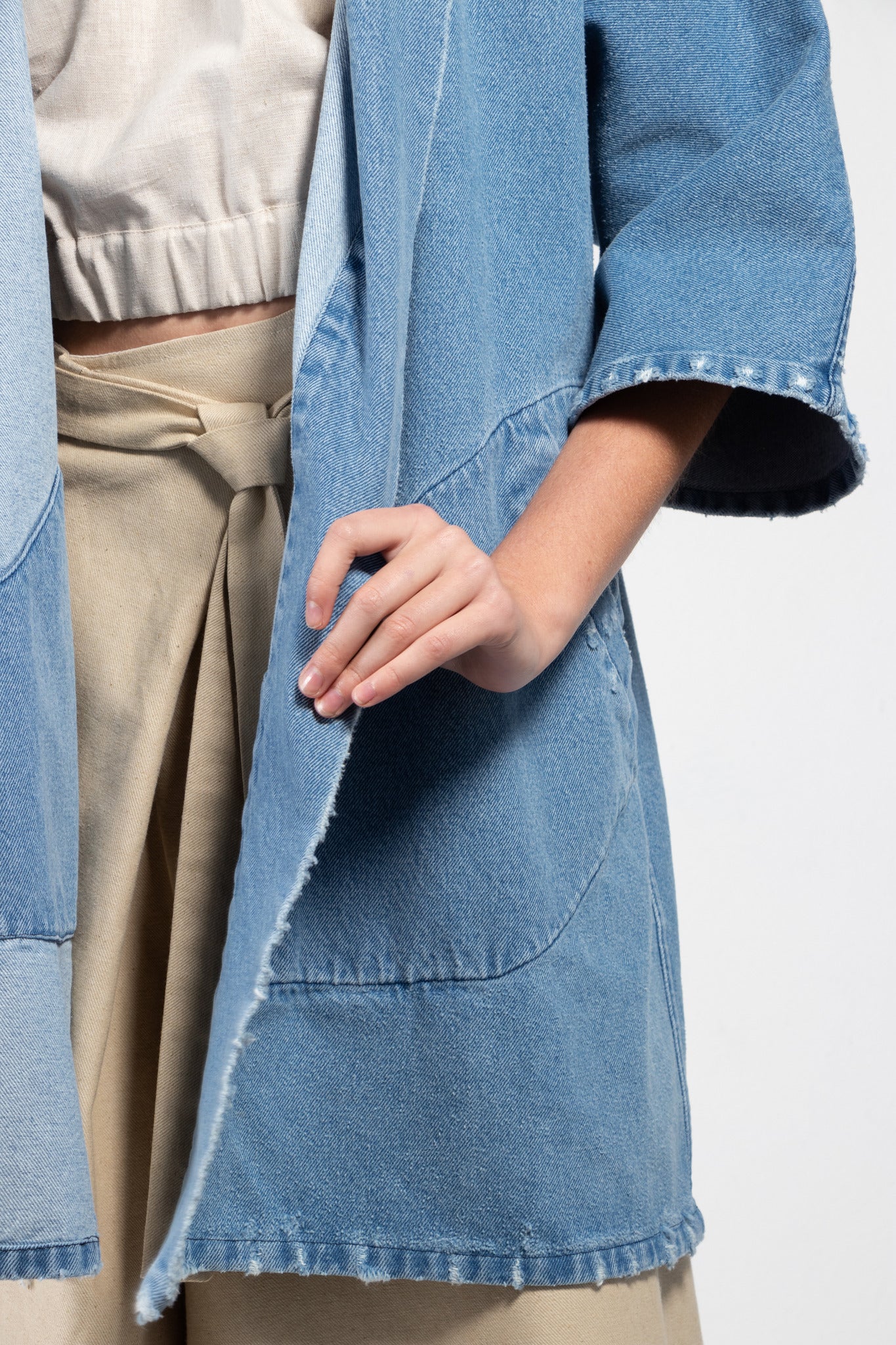 Pollux Distressed Denim Open Kimono Coat