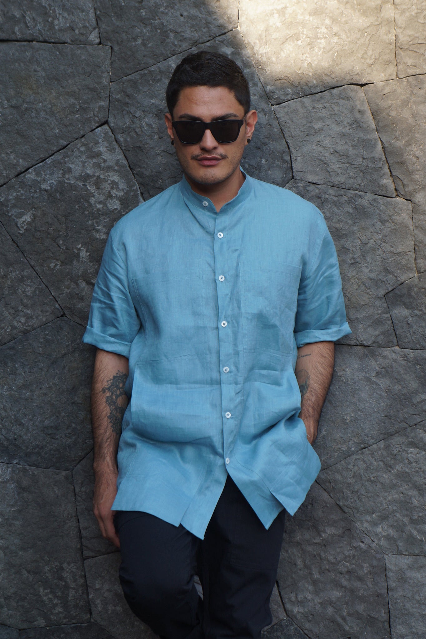 Iodine Front Pocket Short Sleeved Linen Shirt