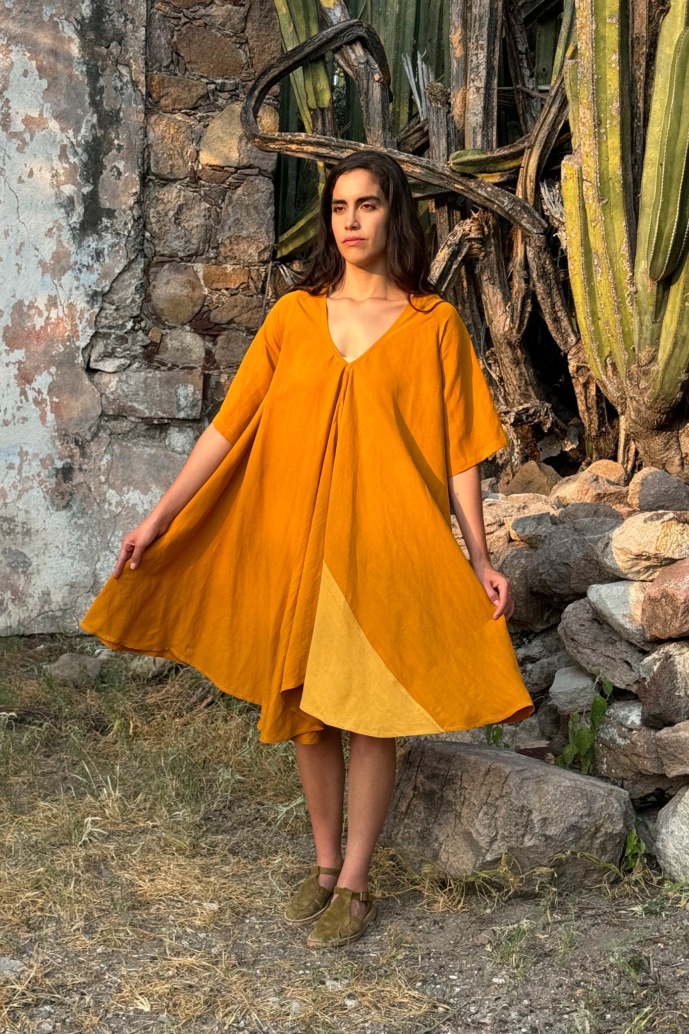 Juno Linen Blend Dress With Contrasting Panel