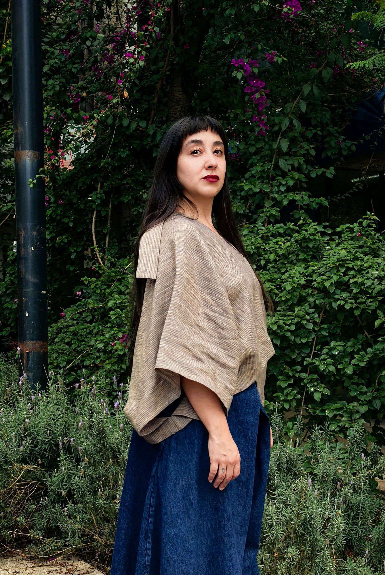 Nitrogen Striped Linen V-Neck Poncho Blouse