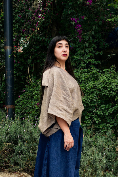 Nitrogen Striped Linen V-Neck Poncho Blouse