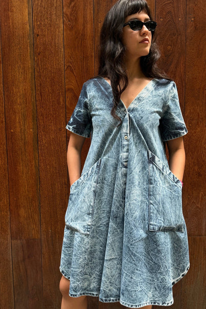 Vestido Manga Corta Savannah en Mezclilla Jaspeada