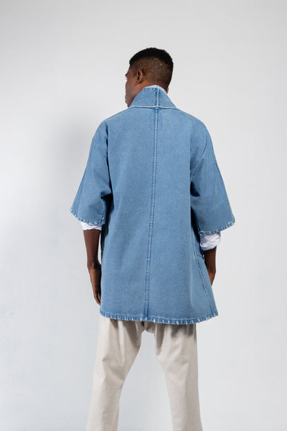 Pollux Distressed Denim Open Kimono Coat