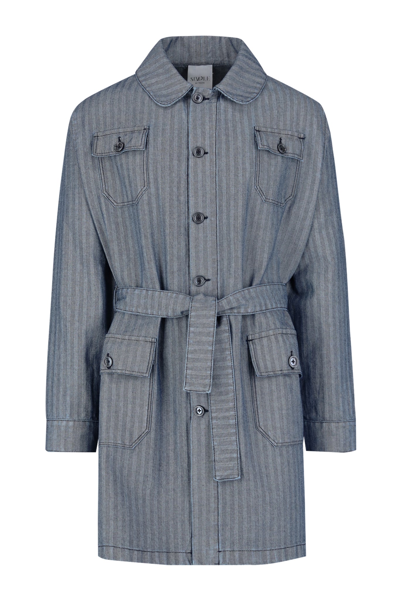 Boris Herringbone Denim Belted Round Collar Coat