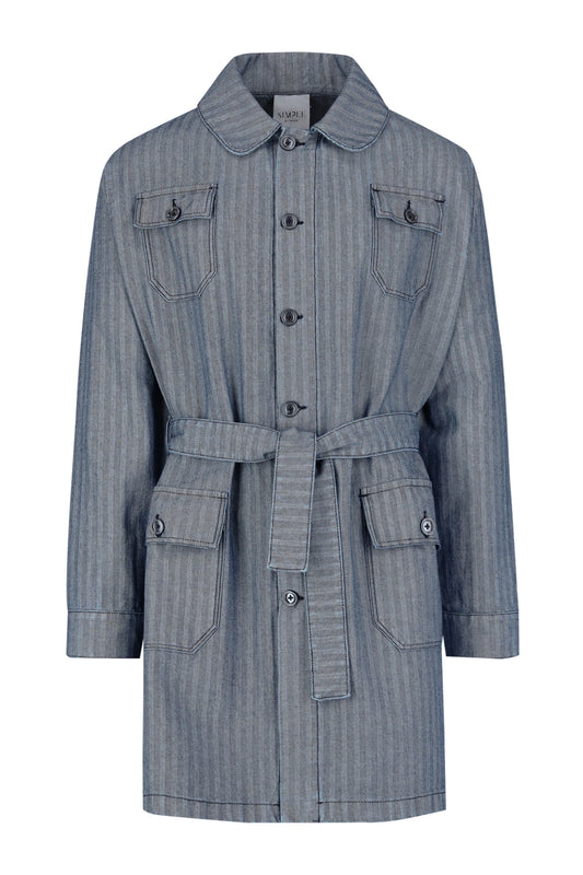 Boris Herringbone Denim Belted Round Collar Coat