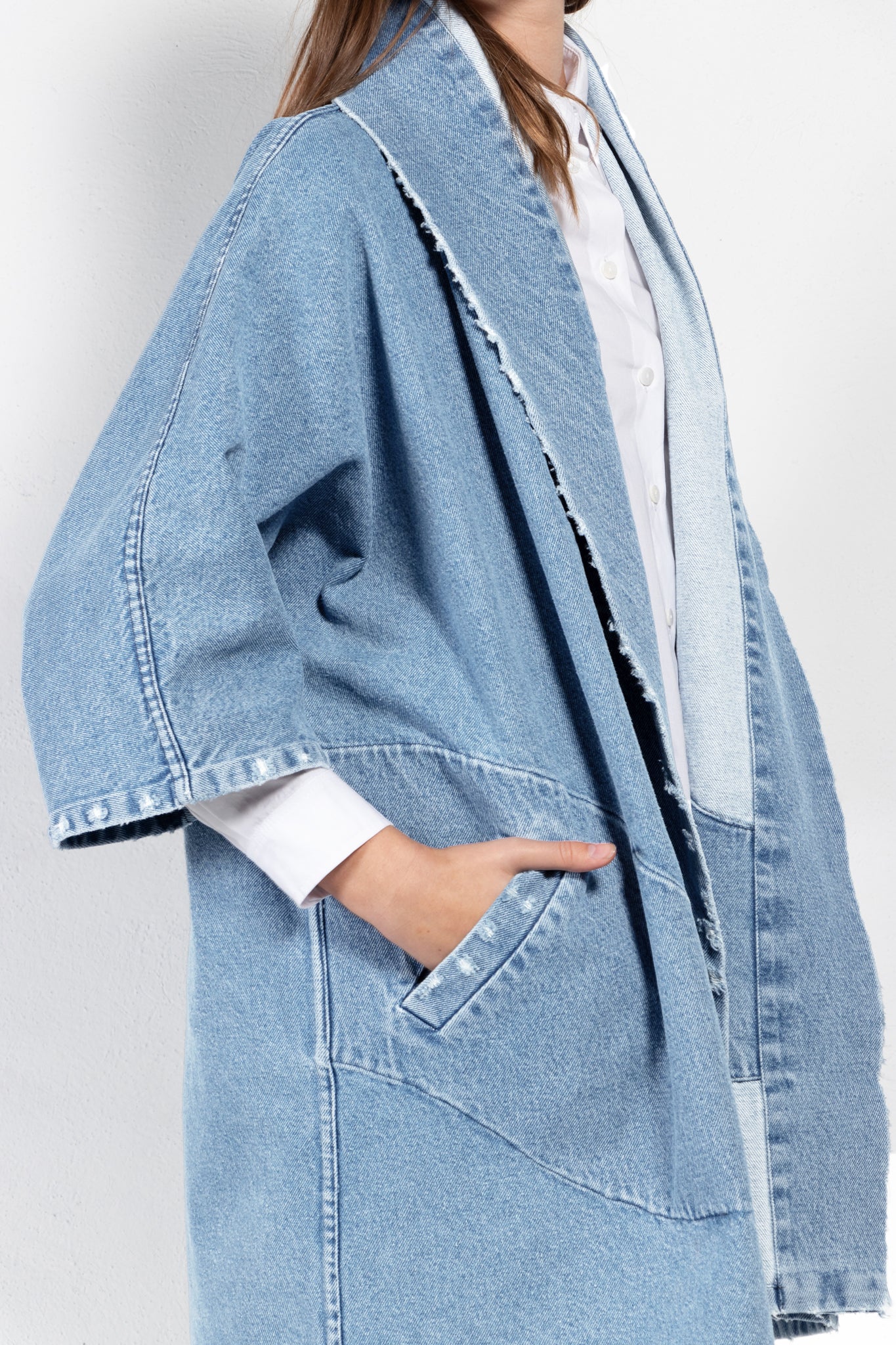 Pollux Distressed Denim Open Kimono Coat