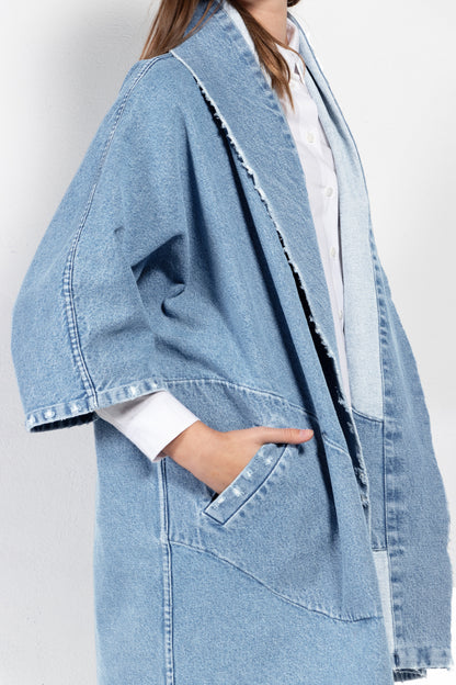 Pollux Distressed Denim Open Kimono Coat