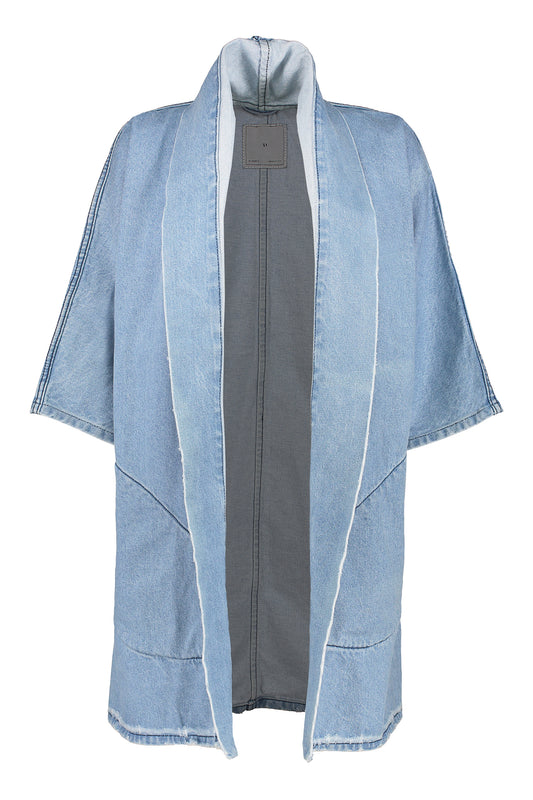 Pollux Distressed Denim Open Kimono Coat