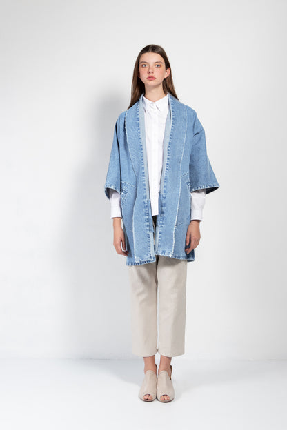 Pollux Distressed Denim Open Kimono Coat