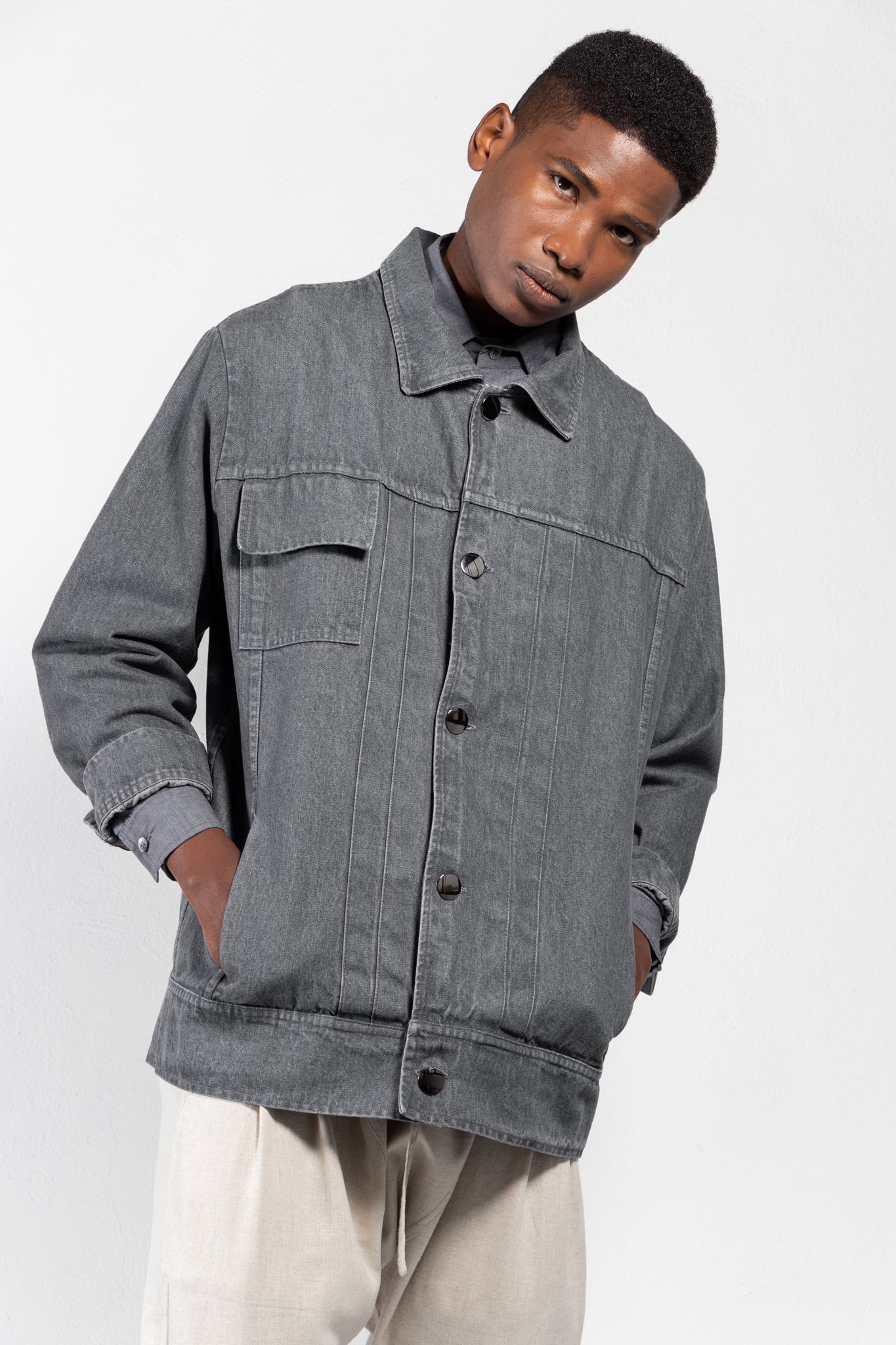 Plumula Pleated Front Washed Denim Jacket