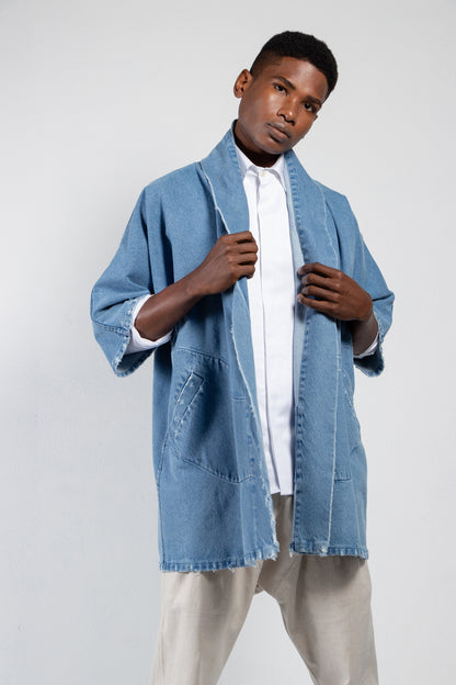 Men's distressed denim kimono in a medium wash