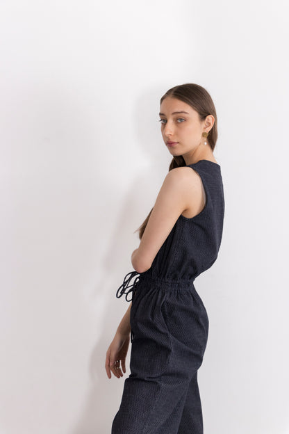 Titanium Stretch Denim V-Neck Drawstring Waist Jumpsuit