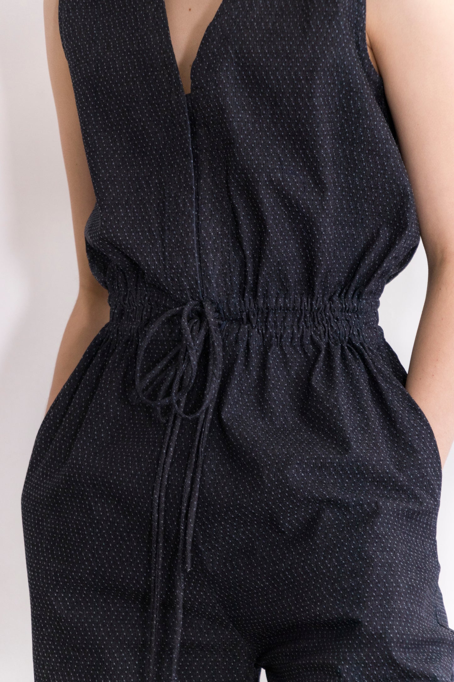 Titanium Stretch Denim V-Neck Drawstring Waist Jumpsuit